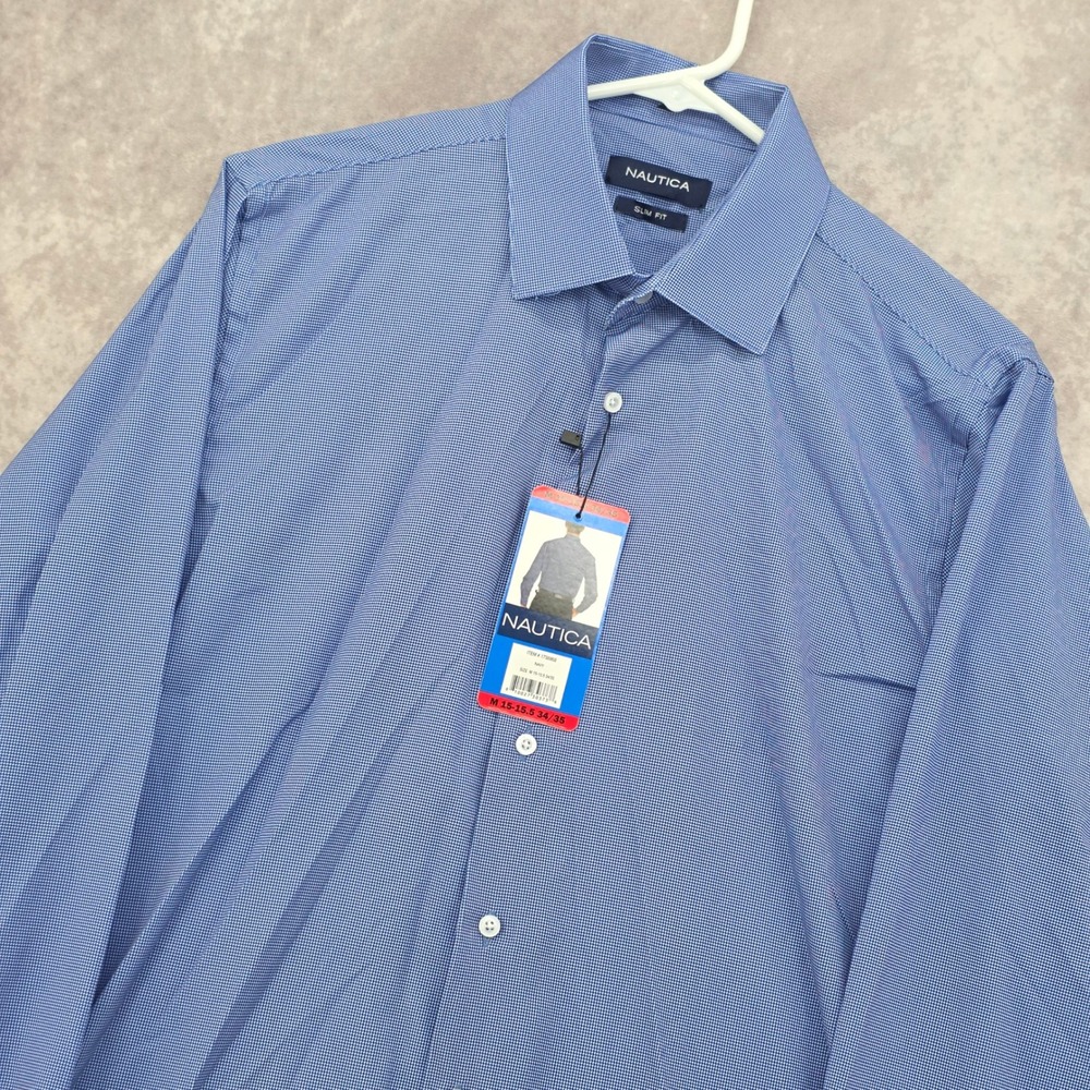 Nautica Mens Button Down Slim Fit Dress Shirt Navy Micro Check 15-15.5 34/35 NEW